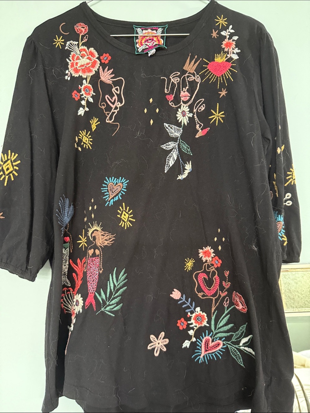 Johnny Was Black Embroidered Boho Tunic with Multicolor Motifs